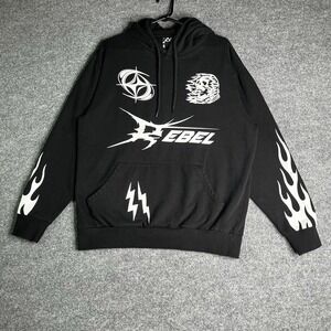 Rebel Vengeance Hoodie XL Black Skull Flames Lightning Y2K Grunge Skate Hiphop